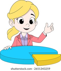 Vector illustration of a cartoon businesswoman character with blonde hair and pink blazer, standing beside a colorful 3D pie chart and pointing at it