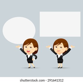 Vector Illustration of cartoon businesswoman explaining and pointing at blank white board, placard. 