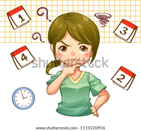 Vector illustration cartoon of busy plan work girl with schedule on calendar