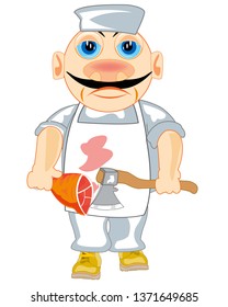 Vector illustration of the cartoon of the butcher with axe and meat ham