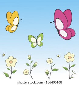Vector illustration of cartoon butterflies and flowers. Grouped and layered for easy editing
