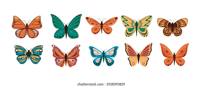 Vector illustration of cartoon butterflies isolated on white background. Abstract butterflies, colorful flying insect.