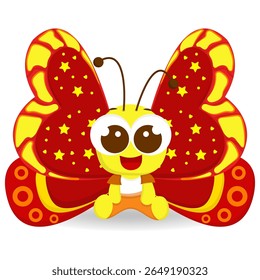 Vector illustration of a cartoon butterfly with red and yellow wings, decorated with stars and circles, featuring large eyes and a smile.
