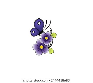 Vector illustration of cartoon butterfly and violet flower on white background