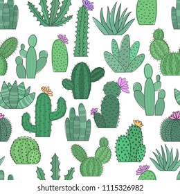 Vector illustration of cartoon cacti. Seamless bright pattern.