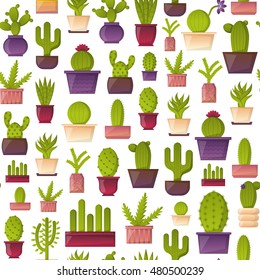 Vector illustration with cartoon cactus background. Vector house plant in flowerpot, home interior background. Desert mexican succulent. Home flowers cartoon indoor objects. Travel to Mexico icon