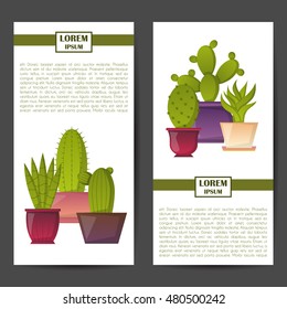 Vector illustration with cartoon cactus background. Vector house plant in flowerpot, home interior card. Desert mexican succulent. Home flowers cartoon indoor objects. Cactus store icon