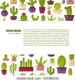 Vector illustration with cartoon cactus background. Vector house plant in flowerpot, home interior background. Desert mexican succulent. Home flowers cartoon indoor objects. Travel to Mexico icon