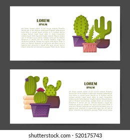 Vector illustration with cartoon cactus background. Vector house plant in flowerpot, home interior background. Desert mexican succulent. Home flowers cartoon indoor objects. Travel to Mexico icon