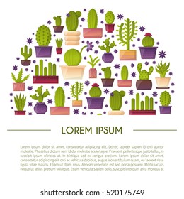 Vector illustration with cartoon cactus background. Vector house plant in flowerpot, home interior background. Desert mexican succulent. Home flowers cartoon indoor objects. Travel to Mexico icon