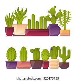 Vector illustration with cartoon cactus background. Vector house plant in flowerpot, home interior background. Desert mexican succulent. Home flowers cartoon indoor objects. Travel to Mexico icon