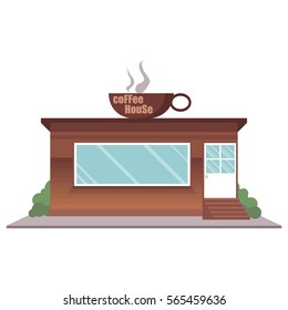 Vector illustration cartoon cafe shop icon. Street local cafeteria building. European bar front facade. Coffee house exterior. 