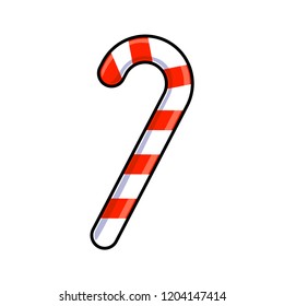 Vector illustration of cartoon candy cane  with red and white stripes on a white background. Icon for decoration New Year and Christmas cards and other templates. Black outline