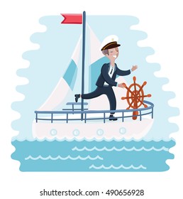 Vector illustration of of cartoon captain cute boy spinning wheel and steers the ship into the sea
