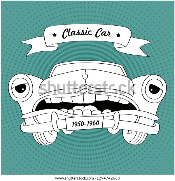 Vector Illustration of cartoon car - Coloring\
book. Classic car 50s-60s in\
front.