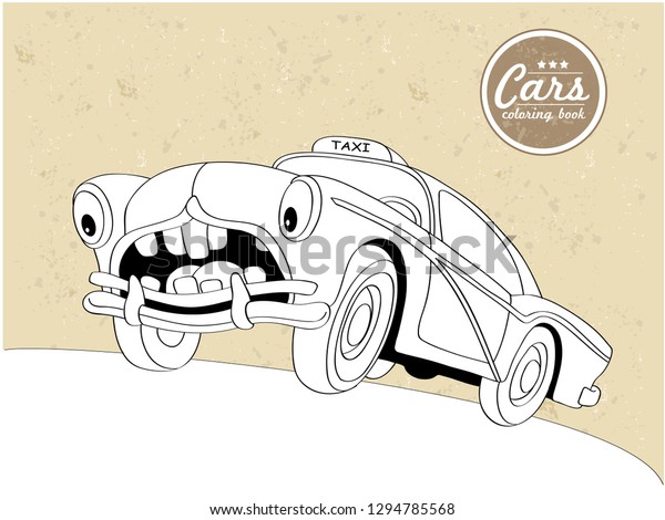 Vector Illustration of cartoon car - Coloring book.\
Old taxi.