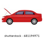 Vector illustration cartoon car with an open hood. Isolated white background. Auto with open bonnet. Flat style. Side view. Red automobile is under repair.