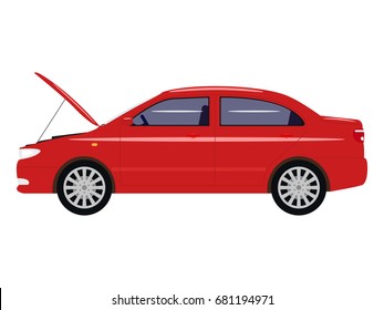 Vector illustration cartoon car with an open hood. Isolated white background. Auto with open bonnet. Flat style. Side view. Red automobile is under repair.