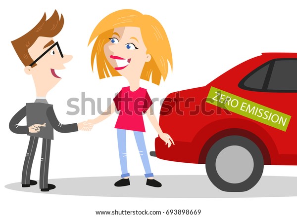 Vector illustration of cartoon car salesman\
shaking woman\'s hand selling car labeled zero emission while\
crossing fingers behind his\
back\

