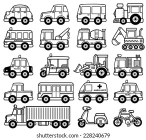 Vector Illustration of cartoon Car set - Coloring book