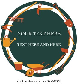 Vector illustration of the cartoon card with garden tools