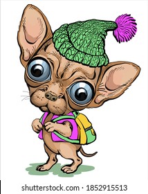 Vector illustration. Cartoon caricature. Funny chihuahua dog puppy with a backpack on his back and a hat on his head.