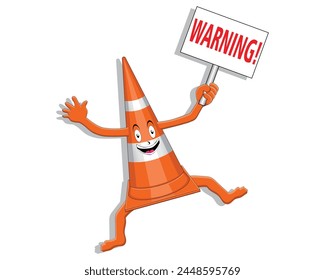 vector illustration of a cartoon caricature of a traffic cone in the shape of an orange pyramid or triangle with a smiling face and two legs and two hands on the right holding a sign that says WARNING