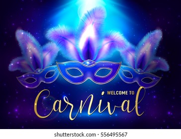 Vector illustration of cartoon carnival background with Mardi Gras masks, light effect and text sign welcome to carnival