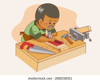 Vector illustration cartoon, carpenter sawing wood board at the workshop.