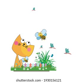vector illustration cartoon cat bee art design graphic animal print friend kitty baby card colorful sitting