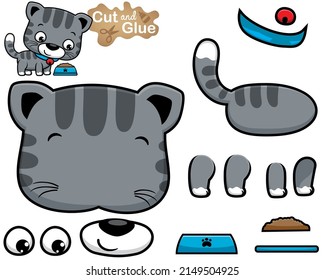 Vector illustration of cartoon cat with bowl food. Cutout and gluing