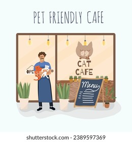 Vector illustration, cartoon cat cafe characters, animal friendly cat, small business graphic, customer and barista. Modern flat vector. 
People eat and talk together with a dog and a cat in a cafe. 