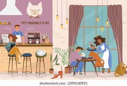 Vector illustration, cartoon cat cafe characters, animal friendly cat, small business graphic, customer and barista. Modern flat vector. 
