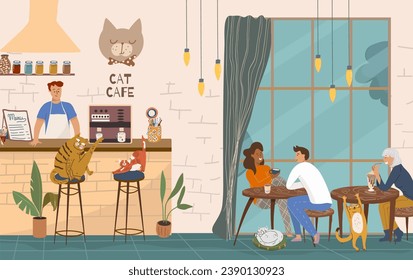 Vector illustration, cartoon cat cafe characters, animal friendly cat, small business graphic, customer and barista. Modern flat vector. 

