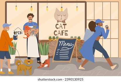 Vector illustration, cartoon cat cafe, pet friendly cafe, people, animals characters, animal friendly cat, street, cafe entrance, small business, modern flat vector. 
