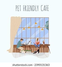 Vector illustration, cartoon cat cafe characters, animal friendly cat, small business graphic, customer and barista. Modern flat vector. 
People eat and talk together with a dog and a cat in a cafe. 