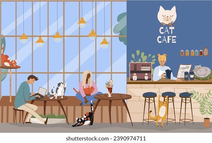 Vector illustration, cartoon cat cafe characters, animal friendly cat, small business graphic, customer and barista. Modern flat vector. 
