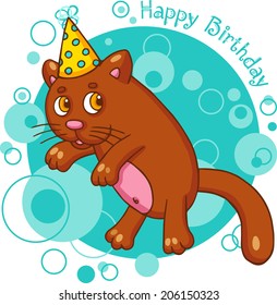 Vector illustration of cartoon cat character. Happy Birthday card.