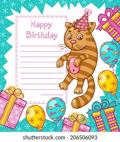 Vector illustration of cartoon cat character. Happy Birthday card.