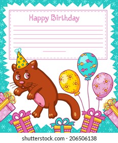 Vector illustration of cartoon cat character. Happy Birthday card.