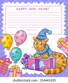 Vector illustration of cartoon cat character in Christmas hat. New Year card.