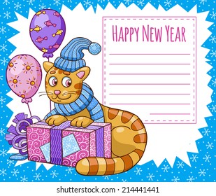 Vector illustration of cartoon cat character in Christmas hat. New Year card.