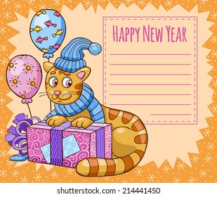 Vector illustration of cartoon cat character in Christmas hat. New Year card.