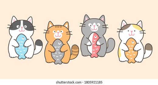 Vector Illustration of Cartoon Cat Characters on Isolated Background