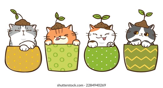 Vector Illustration of Cartoon Cat Characters in Plant Pots on Isolated Background