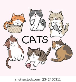 Vector Illustration of Cartoon Cat Characters on Isolated Background