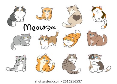 Vector Illustration of Cartoon Cat Characters on Isolated Background. Hand Drawn Vector Illustration. Not AI Generated.