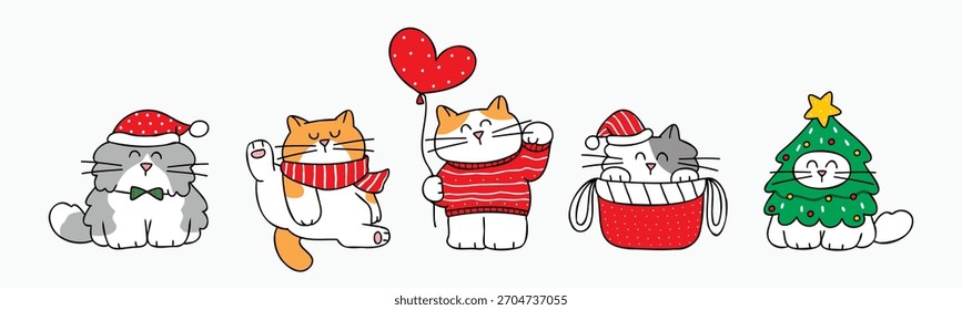 Vector Illustration of Cartoon Cat Characters in Christmas Theme on Isolated Background. Hand Drawn Vector Illustration. Not AI Generated.