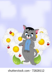 vector illustration of cartoon cat with daisies