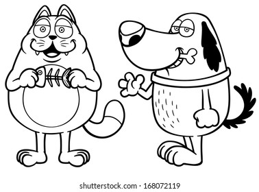 Vector illustration of cartoon cat and dog - Coloring book